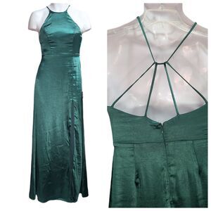 Lulus Maxi Dress Women's S Green Satin Halter Slit  Prom Homecoming NEW